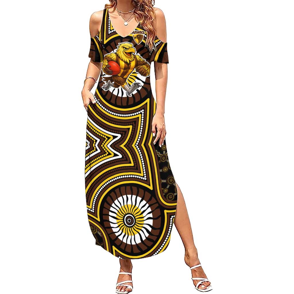 Hawthorn Hawks Summer Maxi Dress Indigenous Monochrome Dot Art Mascot Style