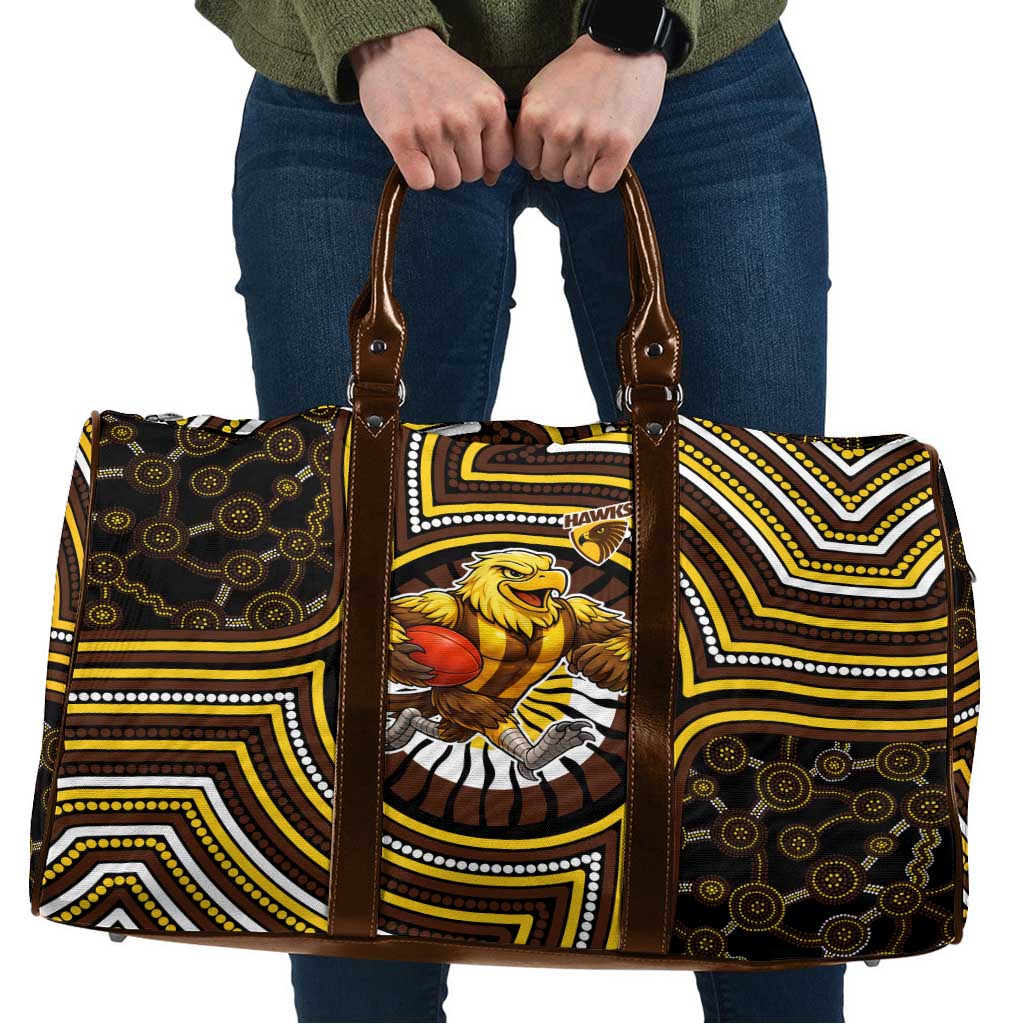Hawthorn Hawks Travel Bag Indigenous Monochrome Dot Art Mascot Style