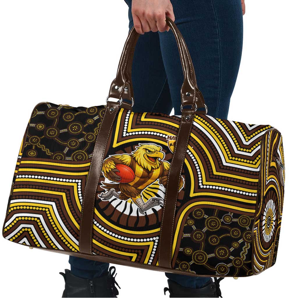 Hawthorn Hawks Travel Bag Indigenous Monochrome Dot Art Mascot Style