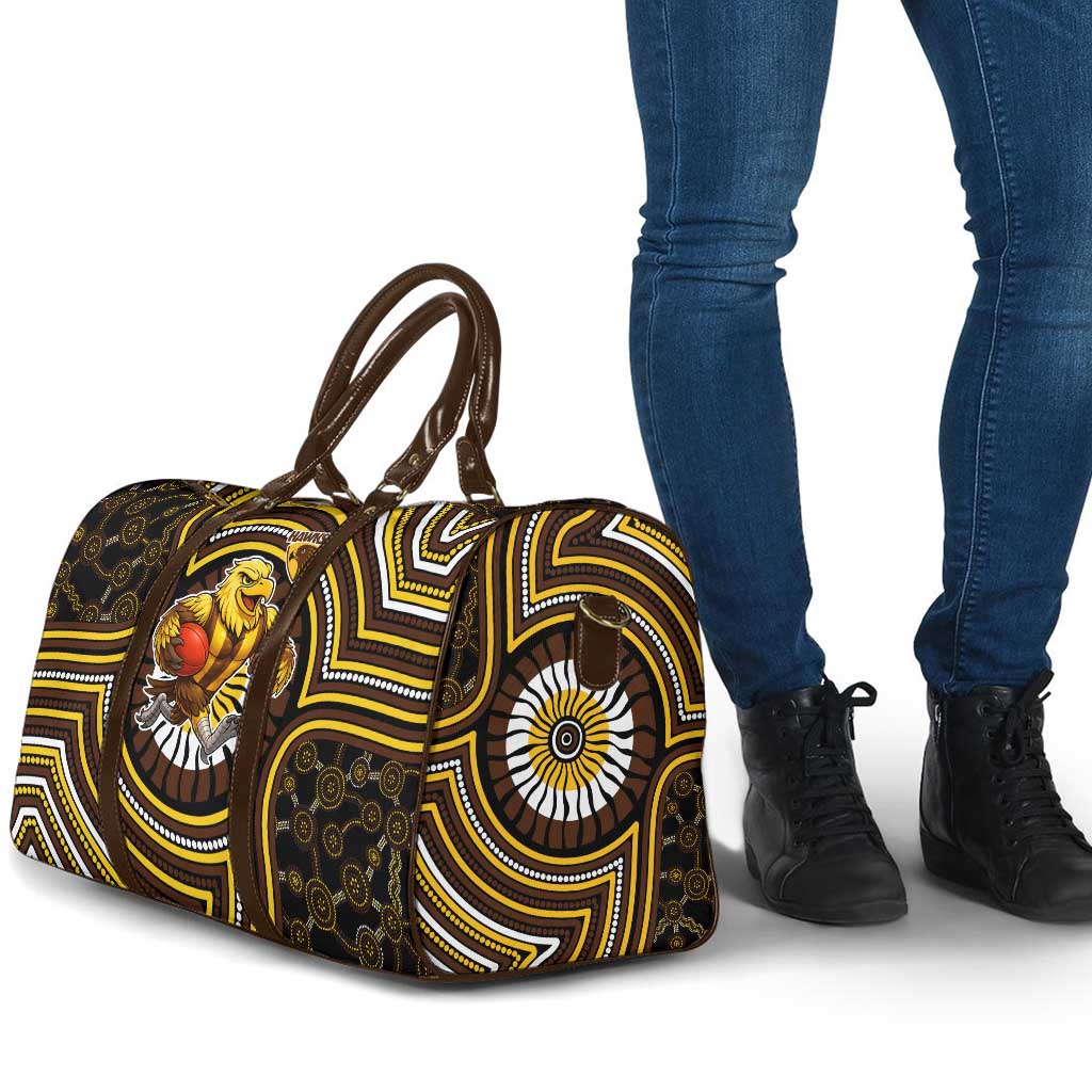 Hawthorn Hawks Travel Bag Indigenous Monochrome Dot Art Mascot Style