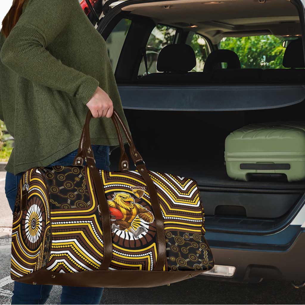 Hawthorn Hawks Travel Bag Indigenous Monochrome Dot Art Mascot Style