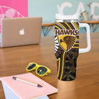 Hawthorn Hawks Tumbler With Handle Indigenous Monochrome Dot Art Mascot Style