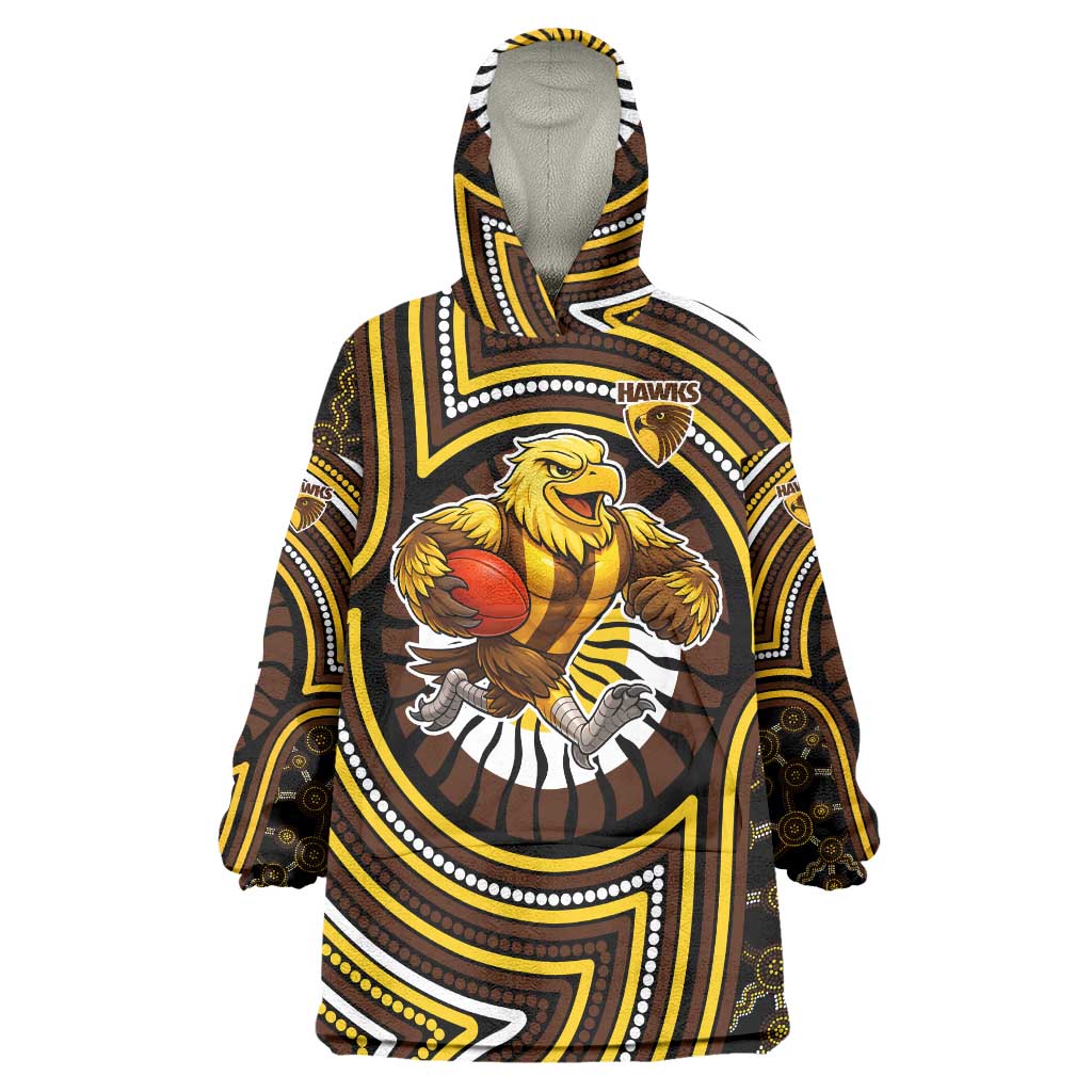 Hawthorn Hawks Wearable Blanket Hoodie Indigenous Monochrome Dot Art Mascot Style