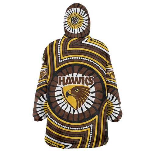 Hawthorn Hawks Wearable Blanket Hoodie Indigenous Monochrome Dot Art Mascot Style