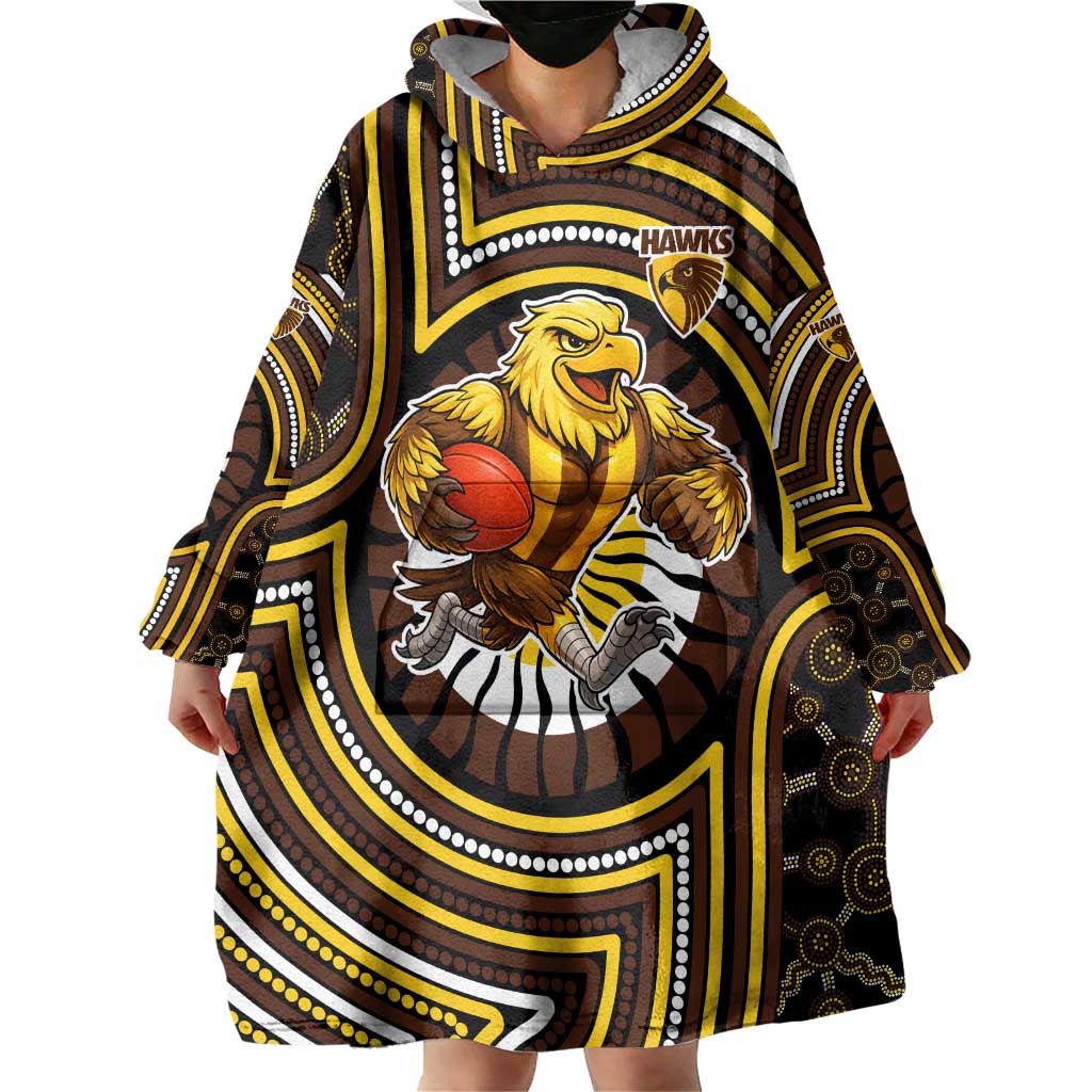 Hawthorn Hawks Wearable Blanket Hoodie Indigenous Monochrome Dot Art Mascot Style