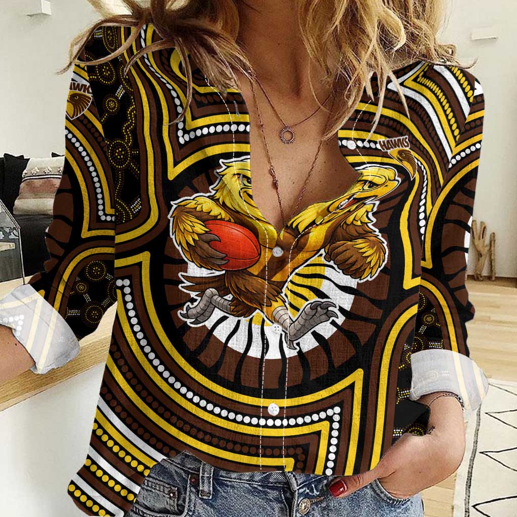 Hawthorn Hawks Women Casual Shirt Indigenous Monochrome Dot Art Mascot Style