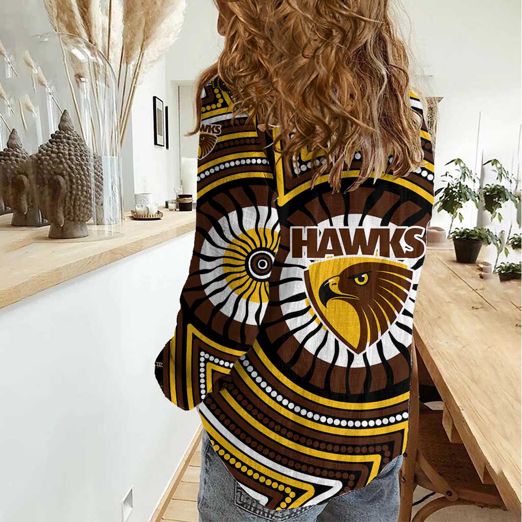 Hawthorn Hawks Women Casual Shirt Indigenous Monochrome Dot Art Mascot Style