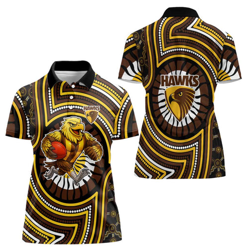 Hawthorn Hawks Women Polo Shirt Indigenous Monochrome Dot Art Mascot Style
