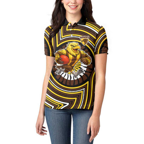 Hawthorn Hawks Women Polo Shirt Indigenous Monochrome Dot Art Mascot Style