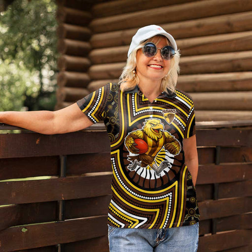 Hawthorn Hawks Women Polo Shirt Indigenous Monochrome Dot Art Mascot Style