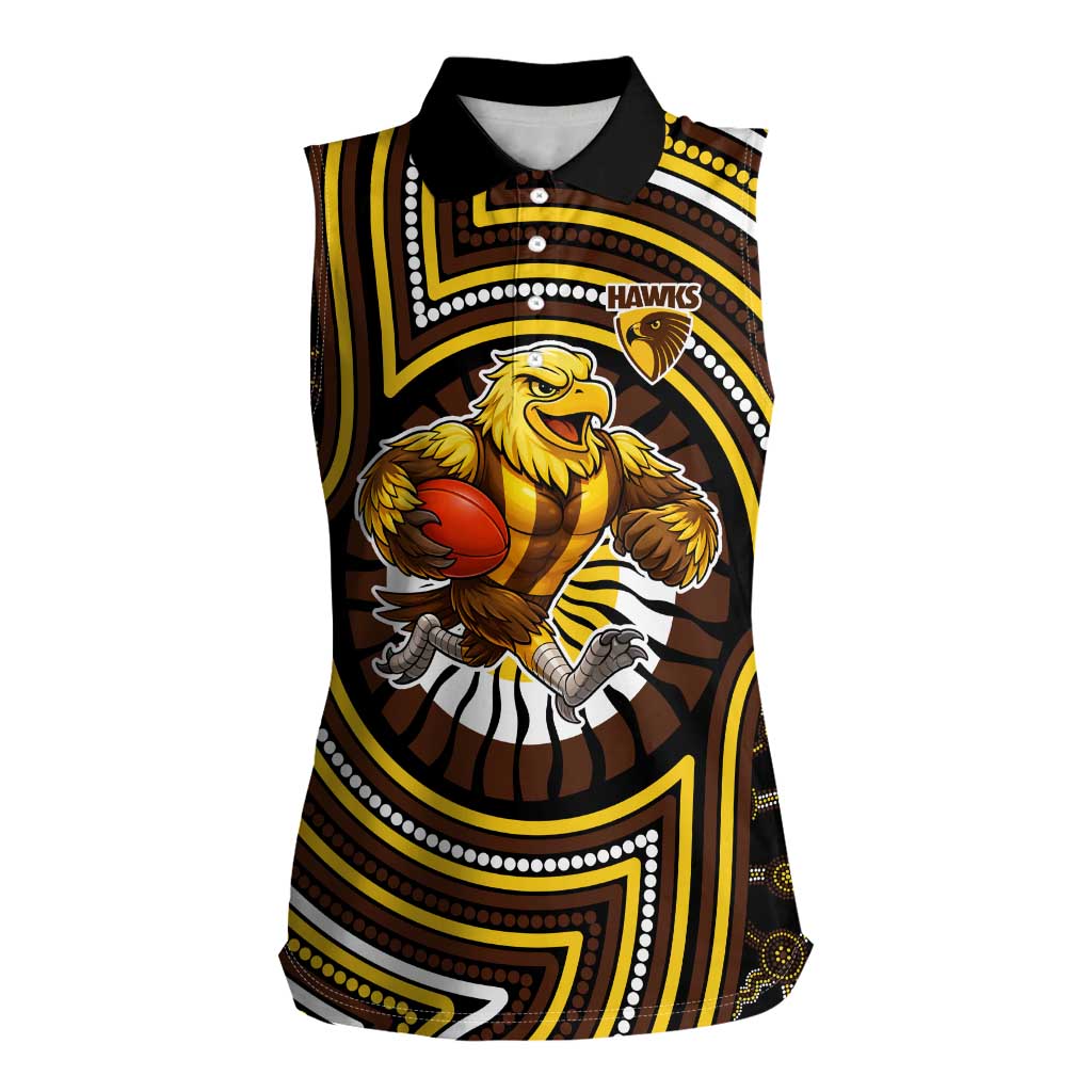 Hawthorn Hawks Women Sleeveless Polo Shirt Indigenous Monochrome Dot Art Mascot Style