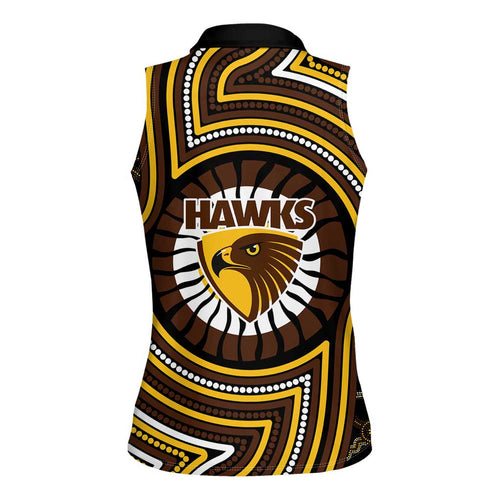 Hawthorn Hawks Women Sleeveless Polo Shirt Indigenous Monochrome Dot Art Mascot Style