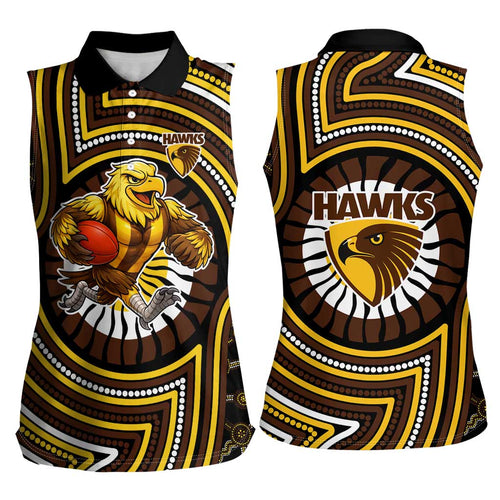 Hawthorn Hawks Women Sleeveless Polo Shirt Indigenous Monochrome Dot Art Mascot Style