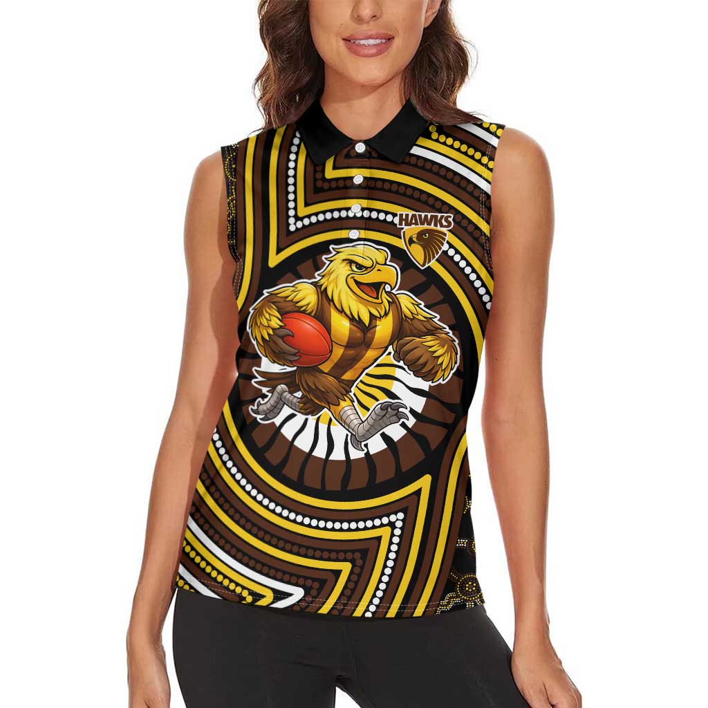 Hawthorn Hawks Women Sleeveless Polo Shirt Indigenous Monochrome Dot Art Mascot Style