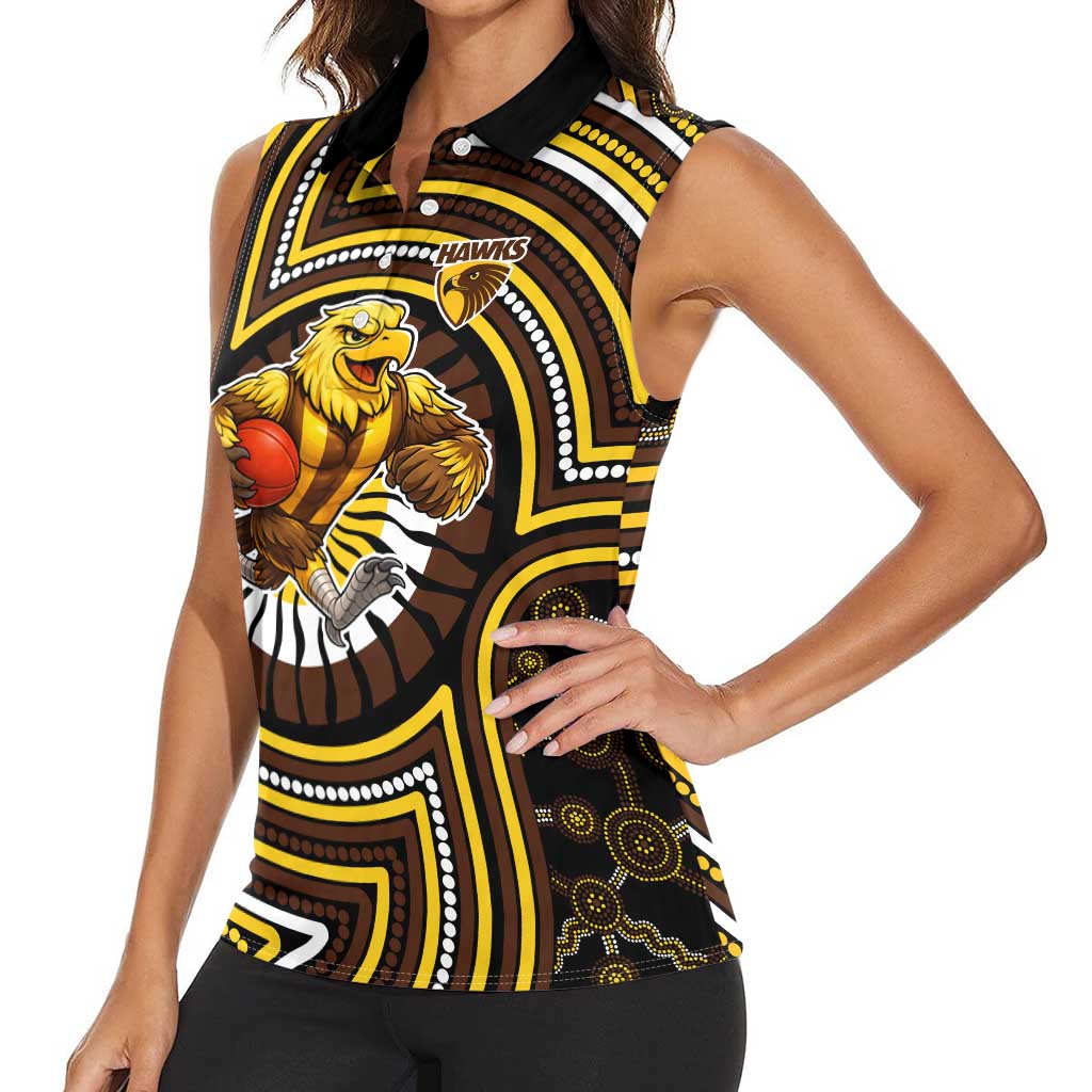 Hawthorn Hawks Women Sleeveless Polo Shirt Indigenous Monochrome Dot Art Mascot Style