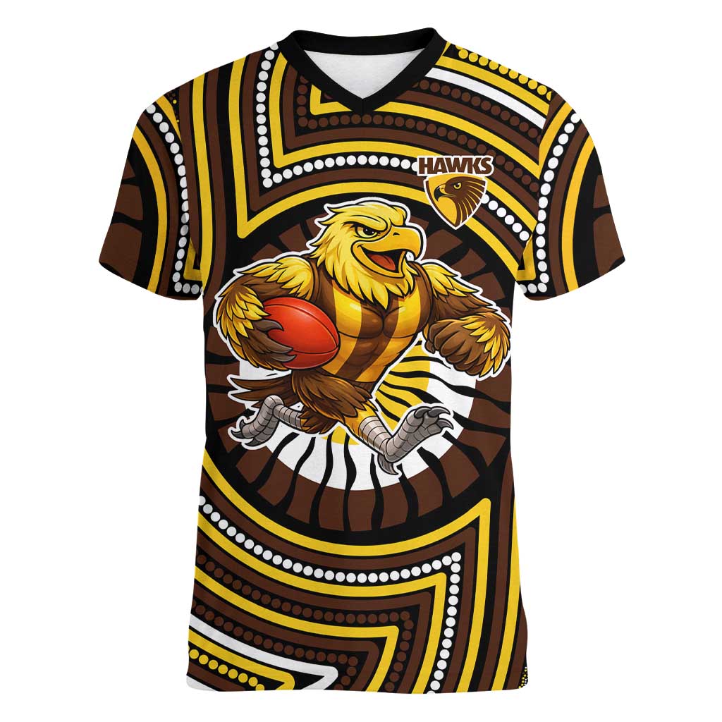 Hawthorn Hawks Women V-Neck T-Shirt Indigenous Monochrome Dot Art Mascot Style