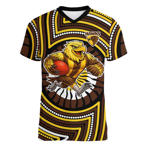 Hawthorn Hawks Women V-Neck T-Shirt Indigenous Monochrome Dot Art Mascot Style