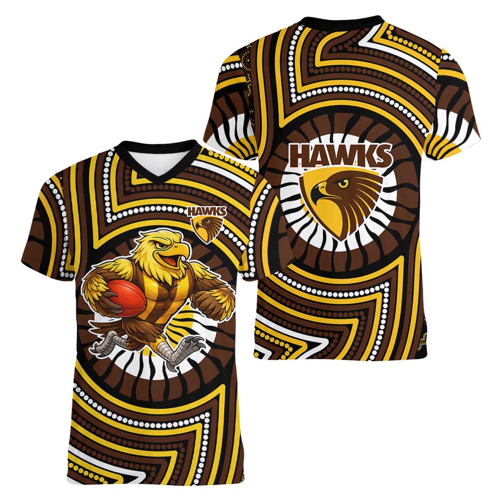 Hawthorn Hawks Women V-Neck T-Shirt Indigenous Monochrome Dot Art Mascot Style