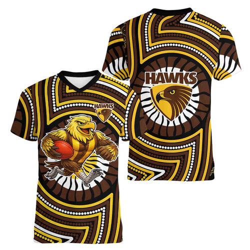 Hawthorn Hawks Women V-Neck T-Shirt Indigenous Monochrome Dot Art Mascot Style
