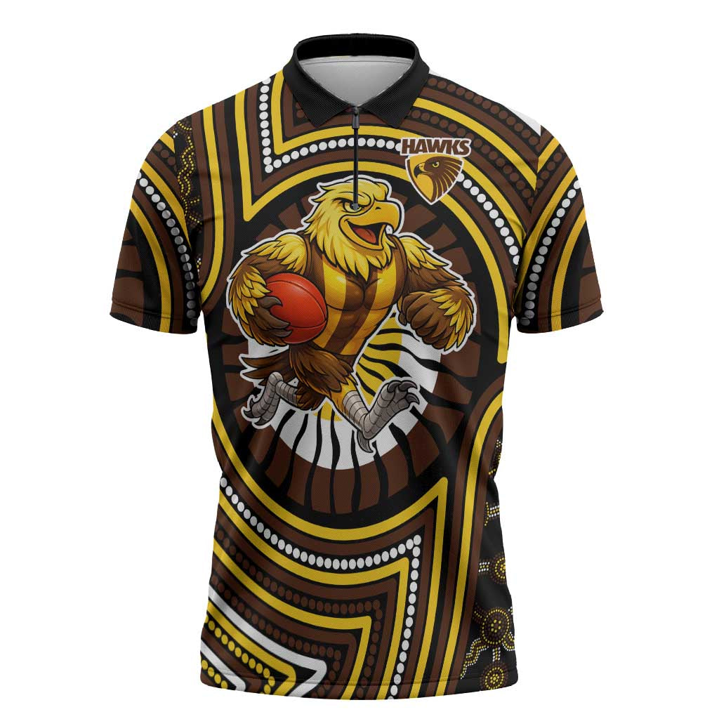 Hawthorn Hawks Zipper Polo Shirt Indigenous Monochrome Dot Art Mascot Style