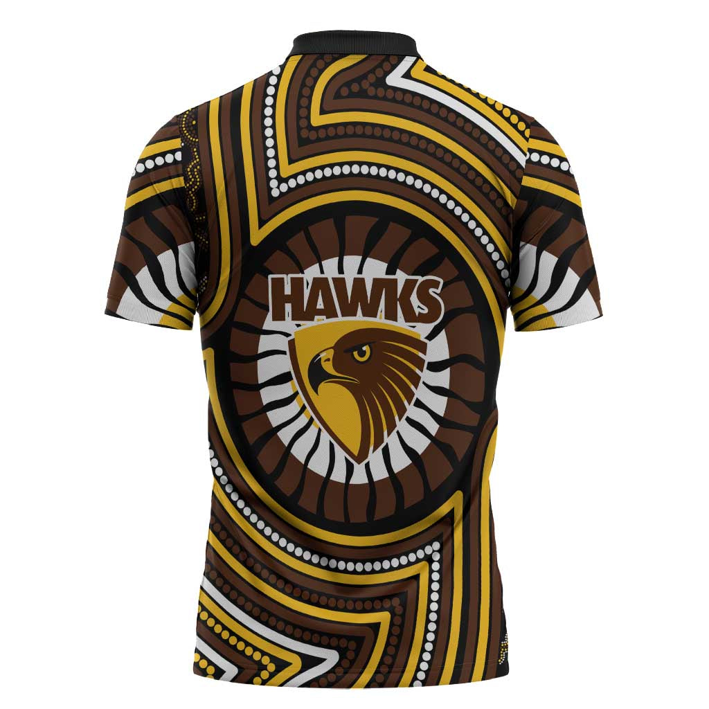 Hawthorn Hawks Zipper Polo Shirt Indigenous Monochrome Dot Art Mascot Style
