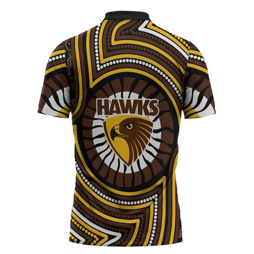 Hawthorn Hawks Zipper Polo Shirt Indigenous Monochrome Dot Art Mascot Style