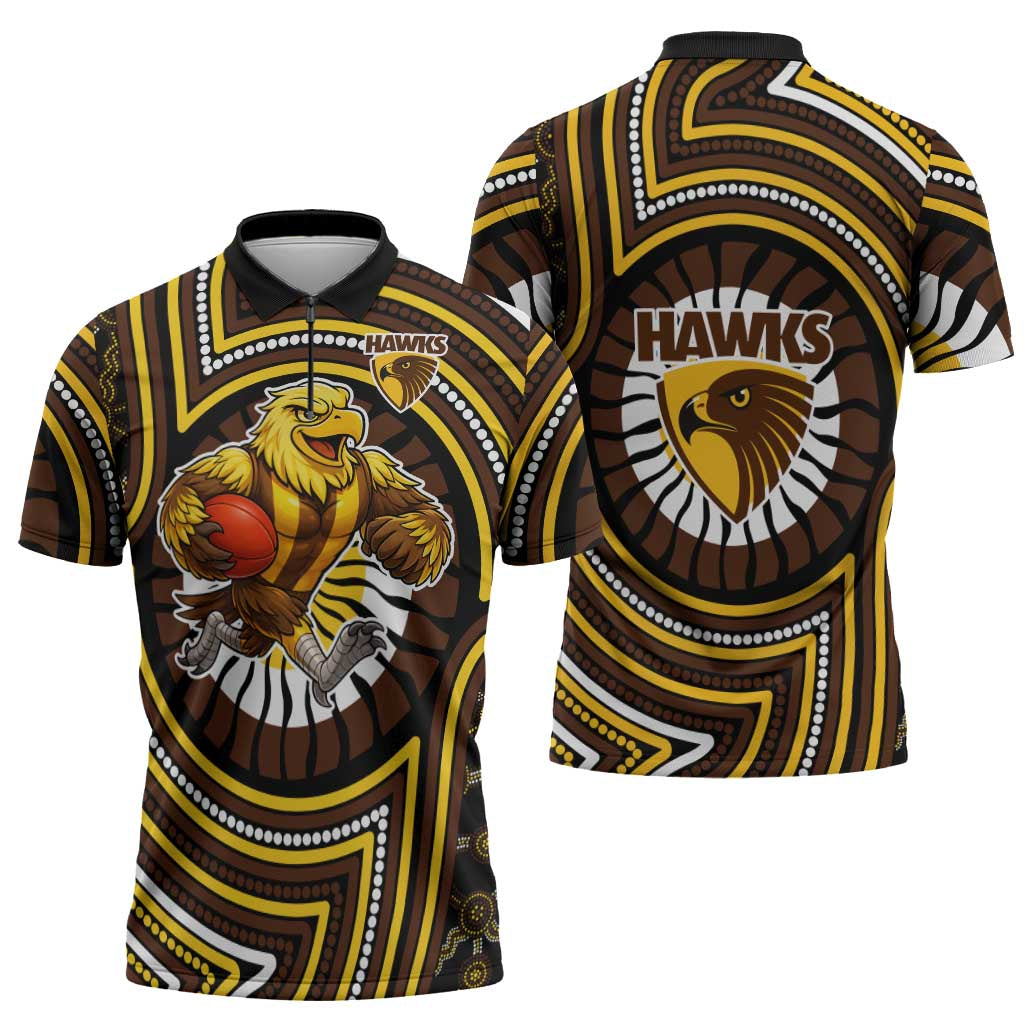 Hawthorn Hawks Zipper Polo Shirt Indigenous Monochrome Dot Art Mascot Style