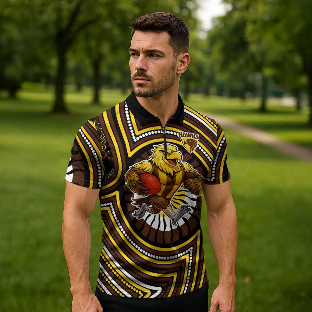 Hawthorn Hawks Zipper Polo Shirt Indigenous Monochrome Dot Art Mascot Style