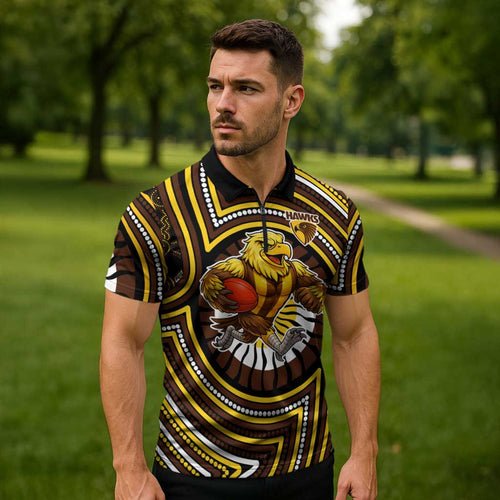 Hawthorn Hawks Zipper Polo Shirt Indigenous Monochrome Dot Art Mascot Style