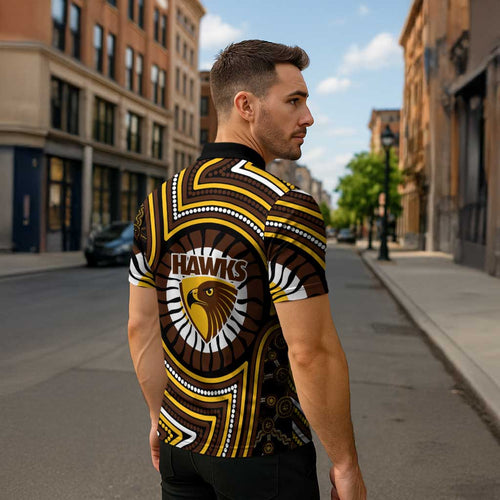 Hawthorn Hawks Zipper Polo Shirt Indigenous Monochrome Dot Art Mascot Style