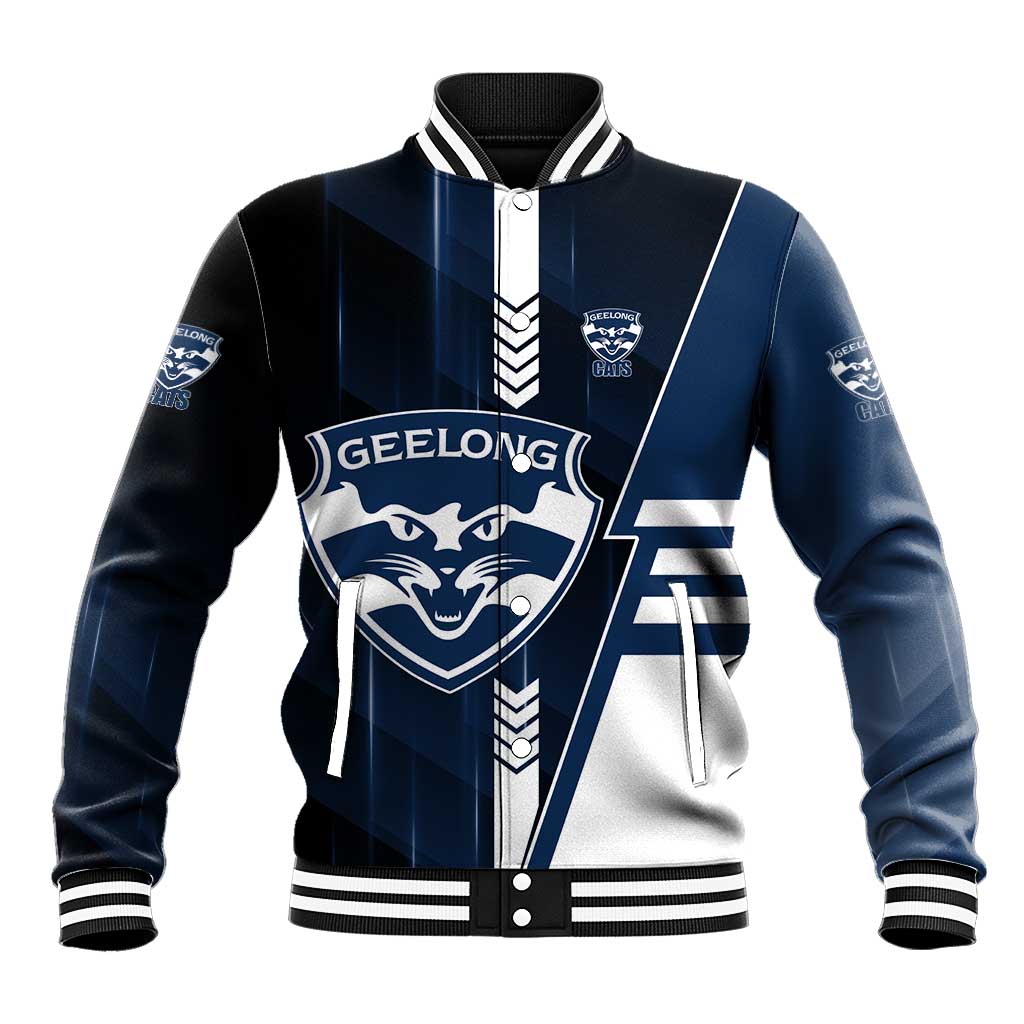 Personalized Geelong Cats Baseball Jacket Modern Geometric Sports Graphic Style