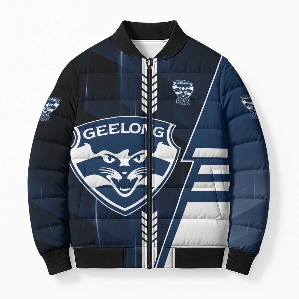 Personalized Geelong Cats Bomber Puffer Jacket Modern Geometric Sports Graphic Style