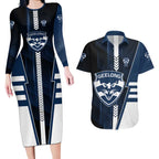 Personalized Geelong Cats Couples Matching Long Sleeve Bodycon Dress and Hawaiian Shirt Modern Geometric Sports Graphic Style