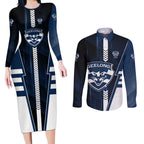 Personalized Geelong Cats Couples Matching Long Sleeve Bodycon Dress and Long Sleeve Button Shirt Modern Geometric Sports Graphic Style