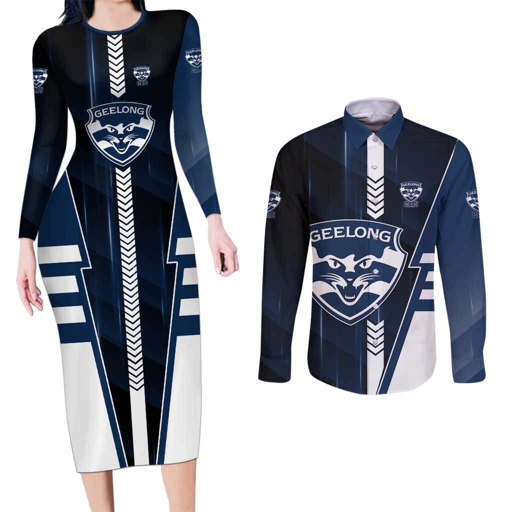 Personalized Geelong Cats Couples Matching Long Sleeve Bodycon Dress and Long Sleeve Button Shirt Modern Geometric Sports Graphic Style