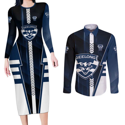 Personalized Geelong Cats Couples Matching Long Sleeve Bodycon Dress and Long Sleeve Button Shirt Modern Geometric Sports Graphic Style