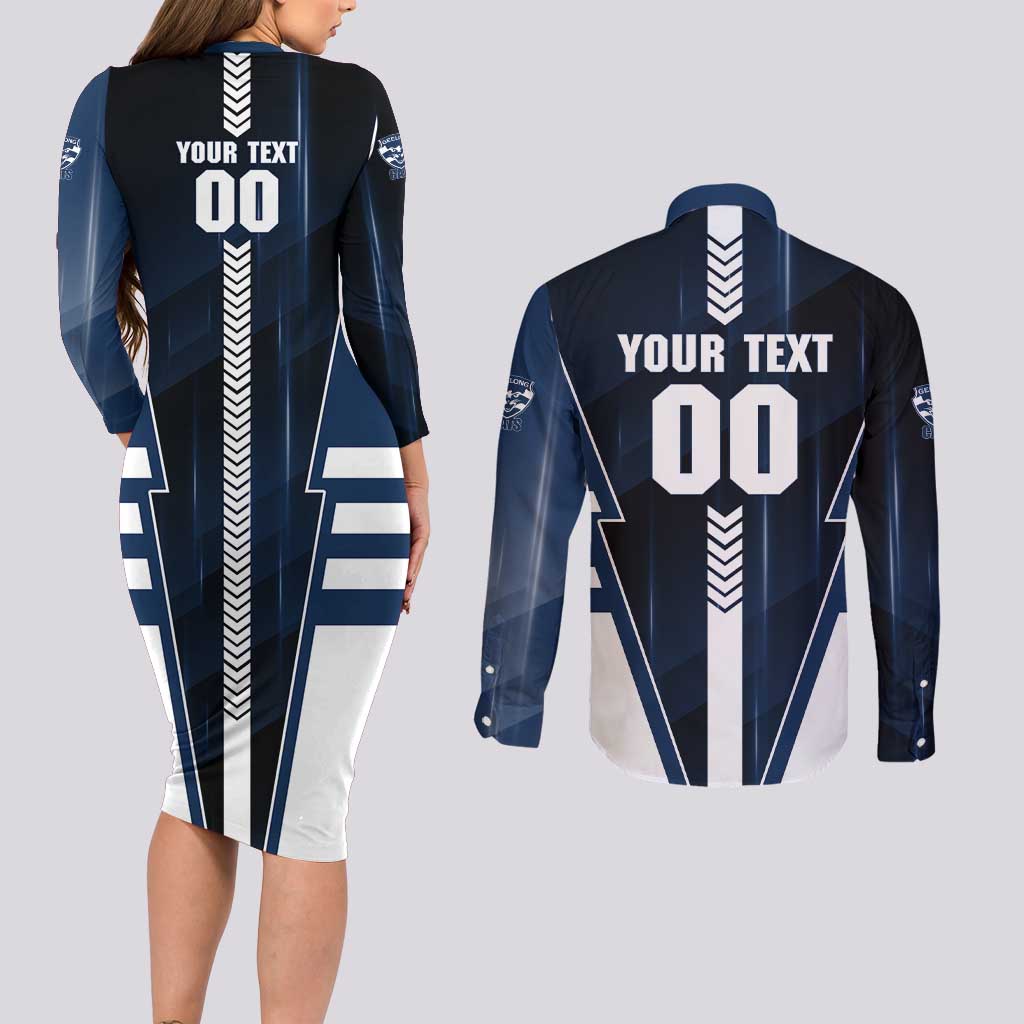 Personalized Geelong Cats Couples Matching Long Sleeve Bodycon Dress and Long Sleeve Button Shirt Modern Geometric Sports Graphic Style