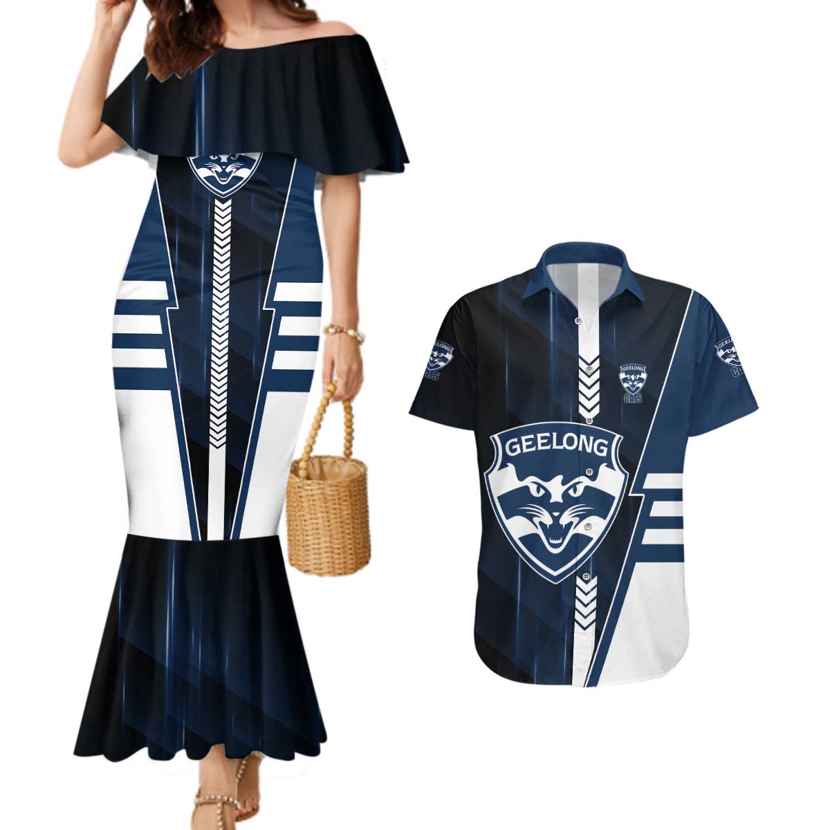 Personalized Geelong Cats Couples Matching Mermaid Dress and Hawaiian Shirt Modern Geometric Sports Graphic Style