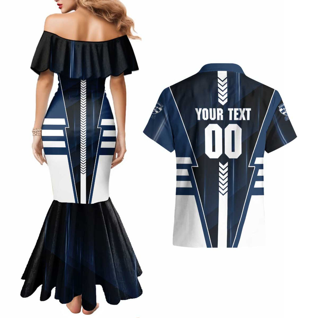 Personalized Geelong Cats Couples Matching Mermaid Dress and Hawaiian Shirt Modern Geometric Sports Graphic Style