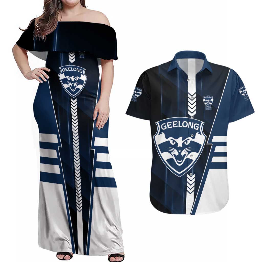 Personalized Geelong Cats Couples Matching Off Shoulder Maxi Dress and Hawaiian Shirt Modern Geometric Sports Graphic Style