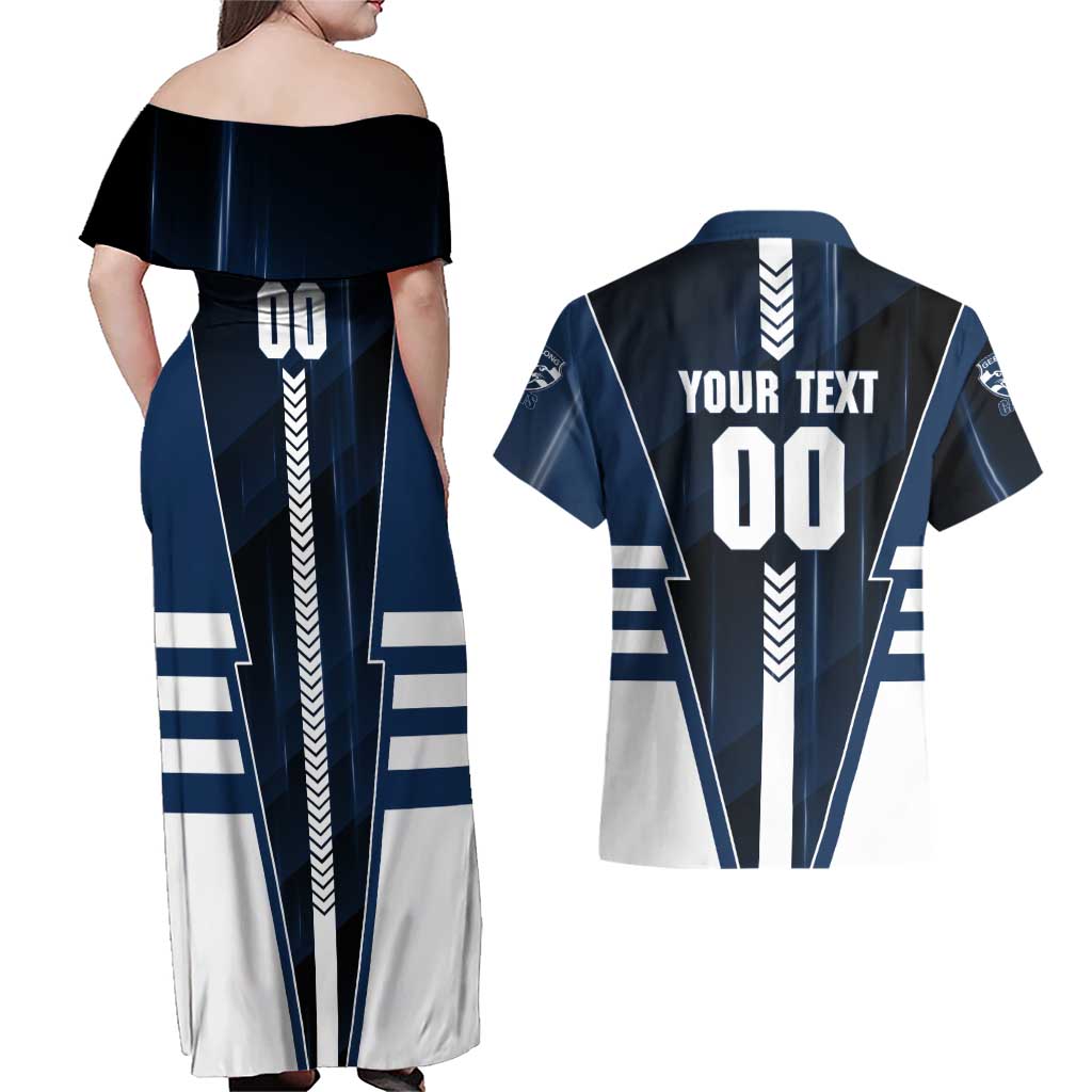 Personalized Geelong Cats Couples Matching Off Shoulder Maxi Dress and Hawaiian Shirt Modern Geometric Sports Graphic Style