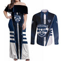 Personalized Geelong Cats Couples Matching Off Shoulder Maxi Dress and Long Sleeve Button Shirt Modern Geometric Sports Graphic Style