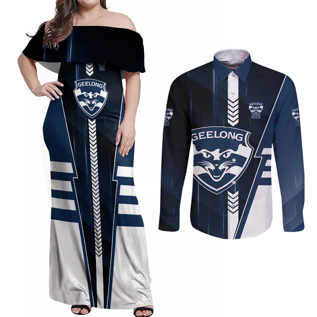 Personalized Geelong Cats Couples Matching Off Shoulder Maxi Dress and Long Sleeve Button Shirt Modern Geometric Sports Graphic Style