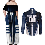 Personalized Geelong Cats Couples Matching Off Shoulder Maxi Dress and Long Sleeve Button Shirt Modern Geometric Sports Graphic Style