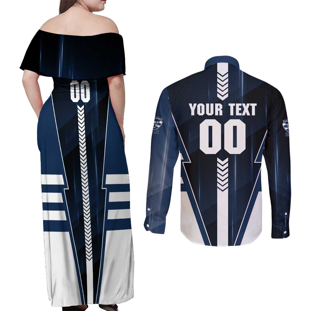 Personalized Geelong Cats Couples Matching Off Shoulder Maxi Dress and Long Sleeve Button Shirt Modern Geometric Sports Graphic Style