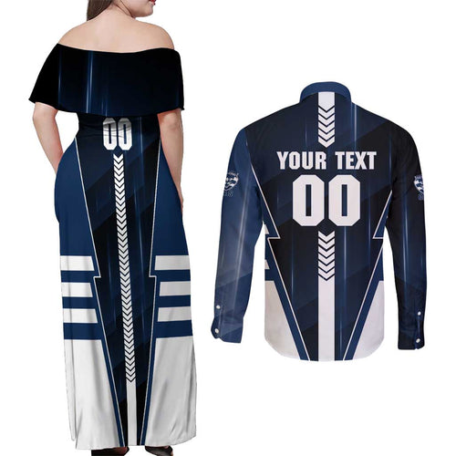Personalized Geelong Cats Couples Matching Off Shoulder Maxi Dress and Long Sleeve Button Shirt Modern Geometric Sports Graphic Style
