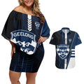 Personalized Geelong Cats Couples Matching Off Shoulder Short Dress and Hawaiian Shirt Modern Geometric Sports Graphic Style