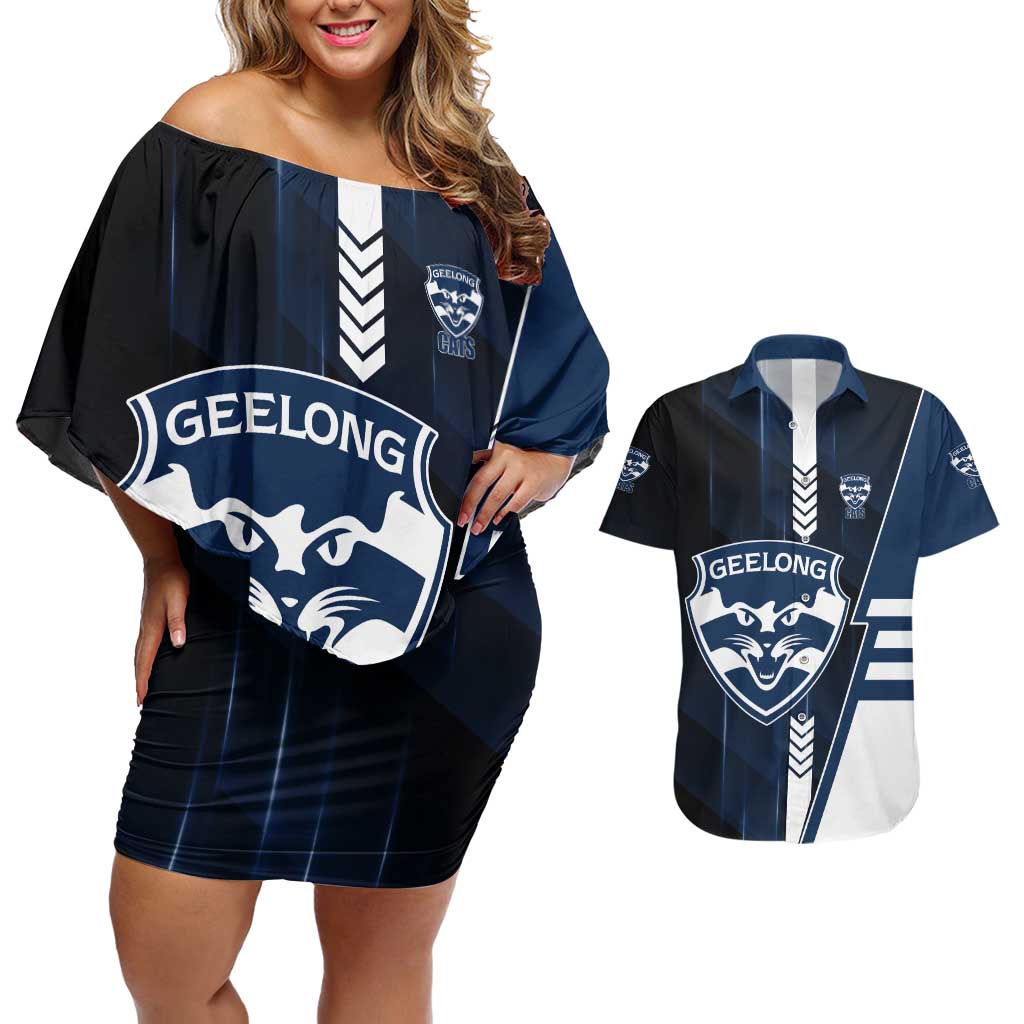 Personalized Geelong Cats Couples Matching Off Shoulder Short Dress and Hawaiian Shirt Modern Geometric Sports Graphic Style