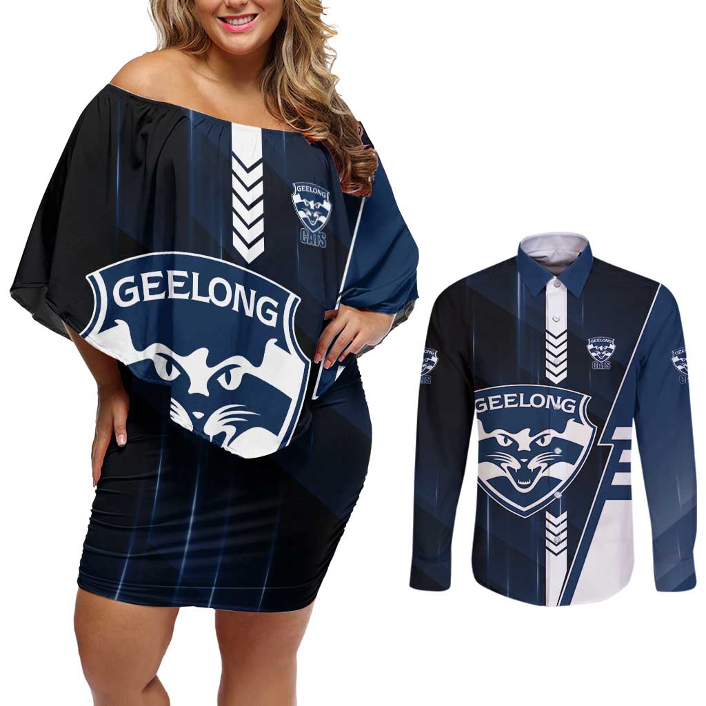 Personalized Geelong Cats Couples Matching Off Shoulder Short Dress and Long Sleeve Button Shirt Modern Geometric Sports Graphic Style