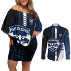 Personalized Geelong Cats Couples Matching Off Shoulder Short Dress and Long Sleeve Button Shirt Modern Geometric Sports Graphic Style